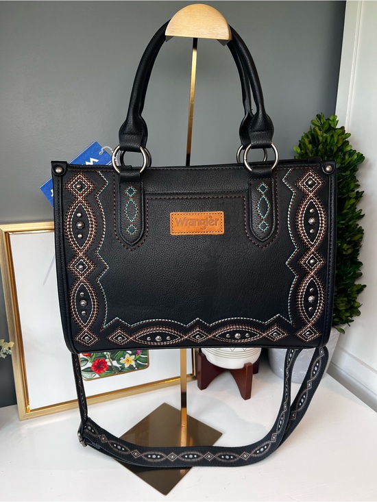 Wrangler Handbags - Wrangler Southwestern Tooled Tote Bag Black Faux Leather Western Satchel NWT